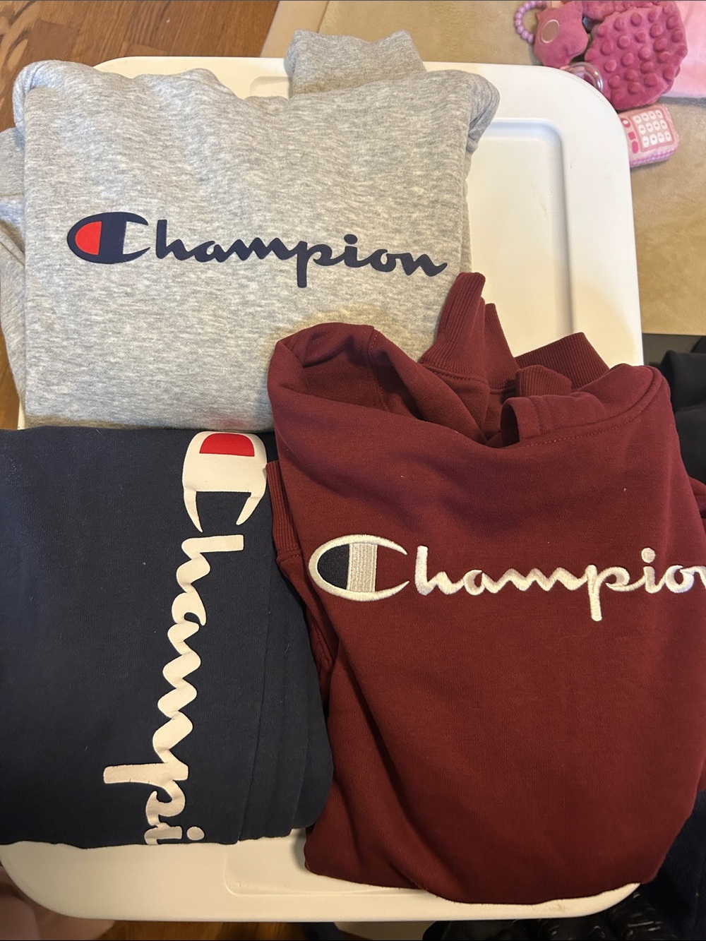 Champion Kids Sweatshirt Duo in Gray, & Burgundy, Sweatpants in Navy